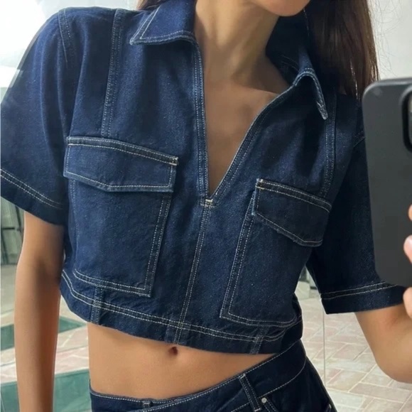 ZARA Z1975 New Cropped Short Sleeve Denim Shirt - NWT! - L - Picture 2 of 13